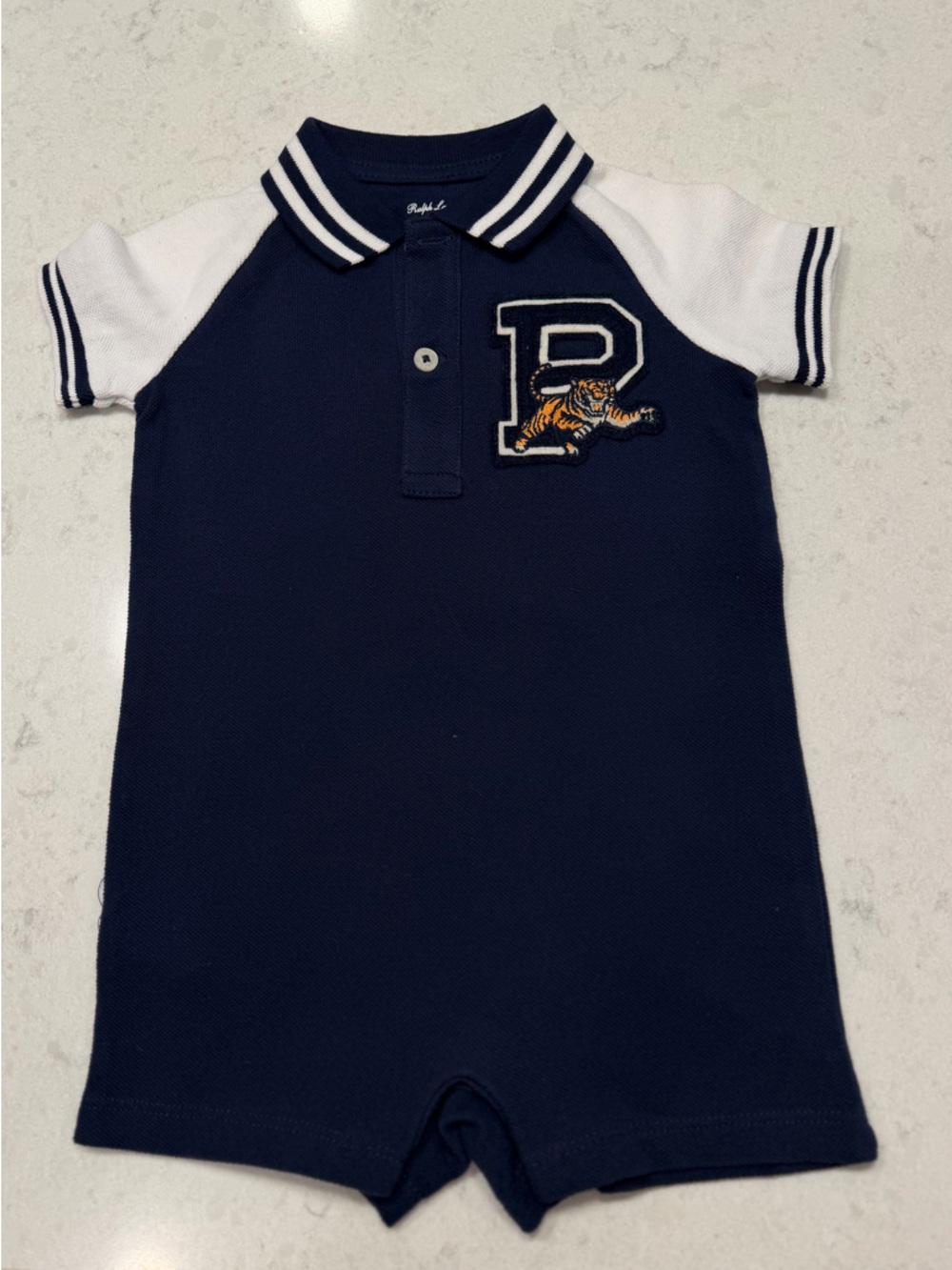 Ralph Lauren Navy and White Polo boys One-Piece with Tiger Patch